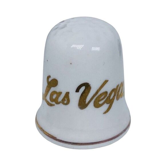 Vintage Las Vegas Purple Flower Sewing Thimble 1" White Ceramic Gold Trim - Picture 4 of 6